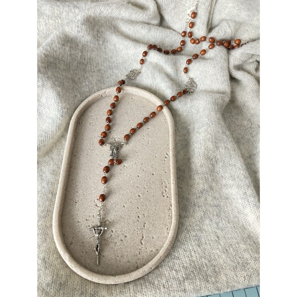 Wood Bead Rosary Necklace Brown Catholic Crucifix Virgin Mary Medals Long